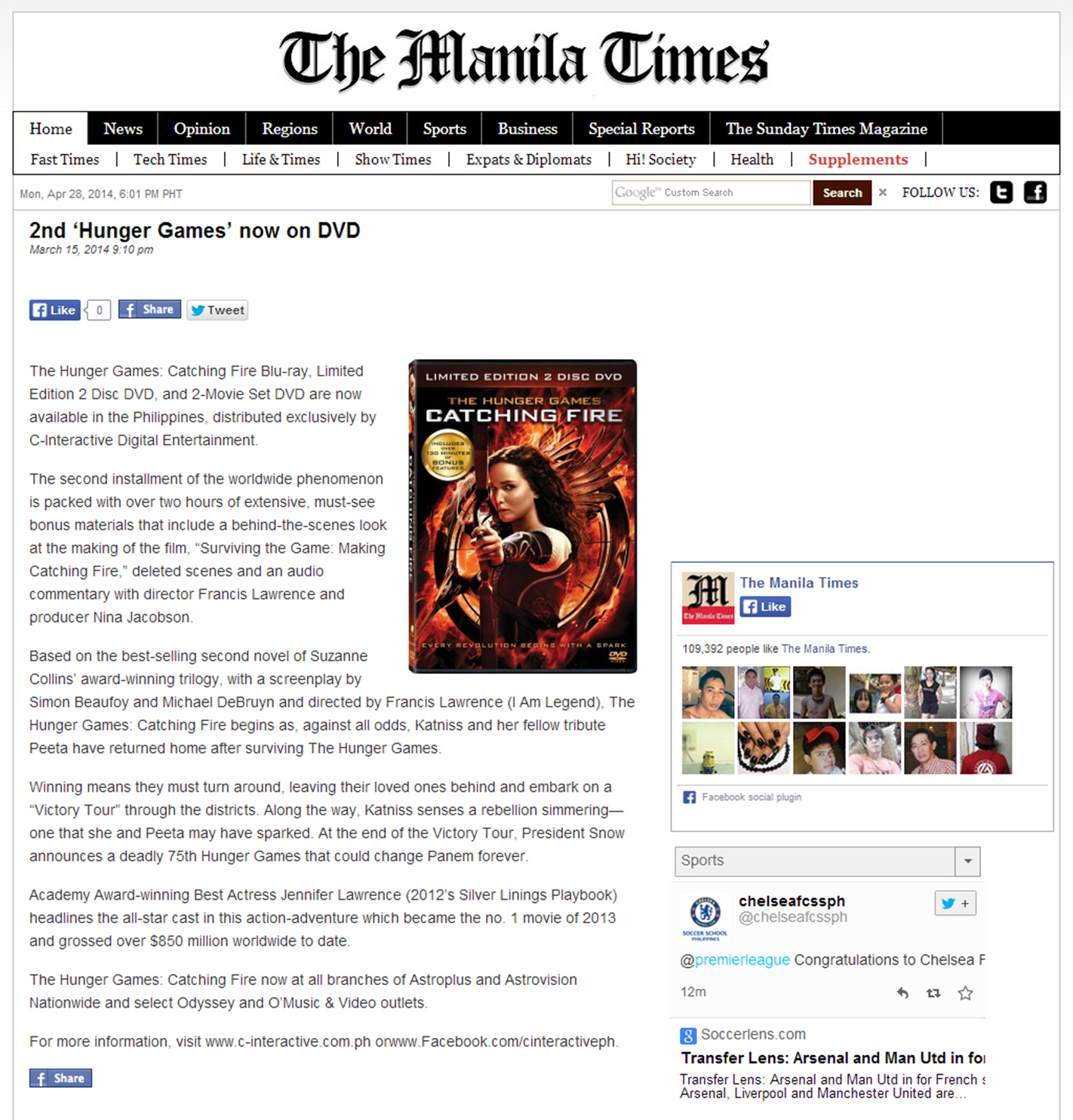 Catching Fire DVD release feature in Manila Time Online